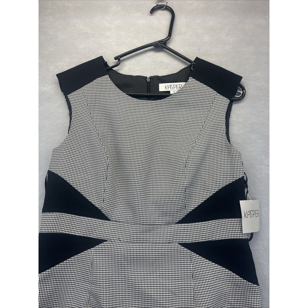 Kasper Sheath Dress Cap Sleeve Pencil Houndstooth Black White Stretch Crepe 8